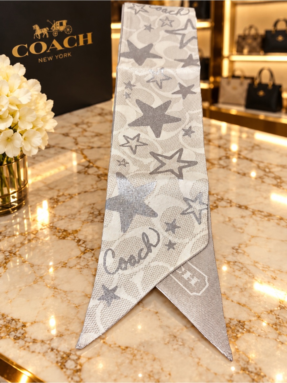 Coach Twinkle Star Print Silk Skinny Scarf W/ Coach Box